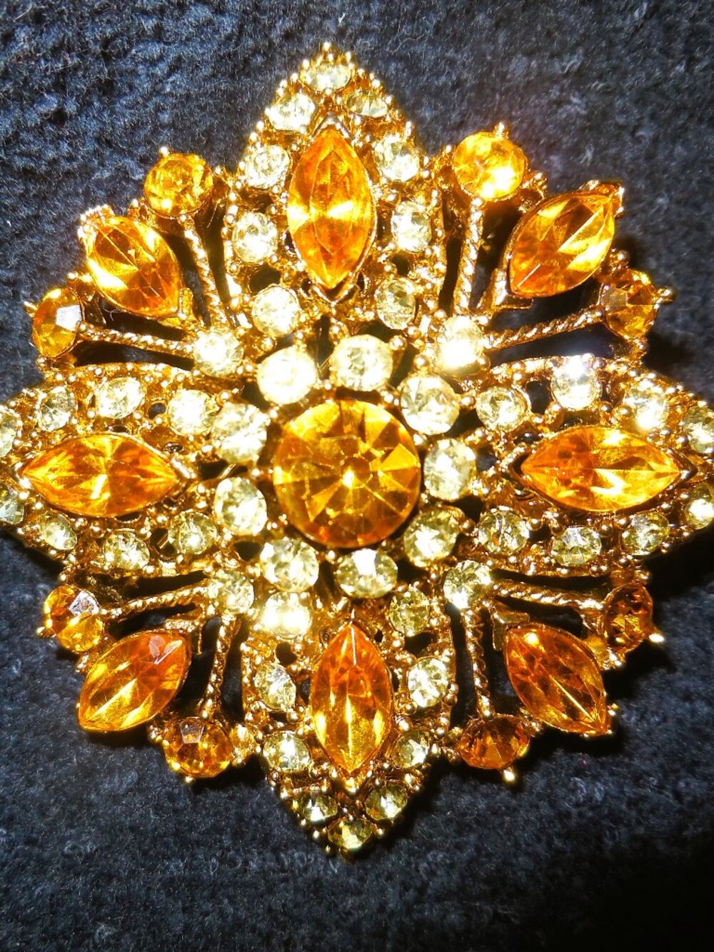 Vintage Large Citrine Gold and Yellow Rhinestone Starburst Brooch Pin